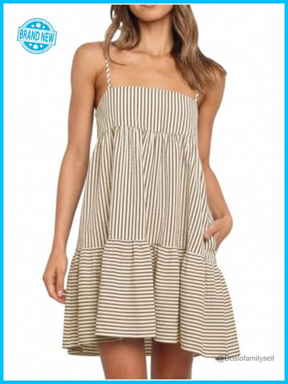 Womens Striped Mini Dress Spaghetti Strap Sundress Side Pockets Sleeveless